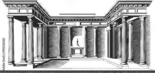 classical greek architecture courtyard with doric columns and statue in black and white line art