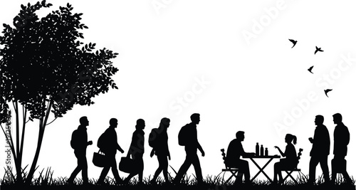 Silhouette of a group of people walking through a park with backpacks past a couple sitting at a cafe table