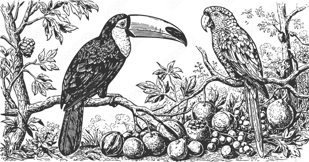 Fototapeta premium Vintage black and white illustration of toucan and parrot perched on tropical tree branches with fruit