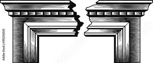 Broken ancient column top with cracks and missing piece, classic architectural detail design