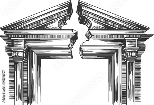 Ancient cracked greek temple entrance with classical columns and broken pediment illustration