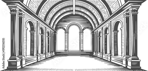 historic arched corridor with columns and vaulted ceiling in classical architectural