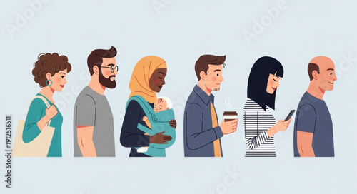 Diverse group of people standing in a line.