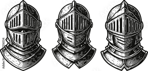 Medieval knight helmets set vintage black and white engraving of armored warrior head protection historic armor illustration for fantasy and history themes
