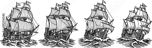 vintage sailing ships set four detailed antique wooden galleons with full sails on waves