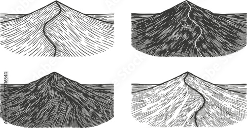 Mountain peaks with winding trails hand drawn nature sketch set outdoor adventure and hiking concept