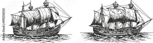 Two vintage sailing ships with large billowing sails on calm water, historical maritime vessels illustration