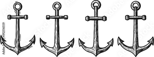 set of four vintage ship anchors with classic curved flukes and rings, nautical marine equipment illustration