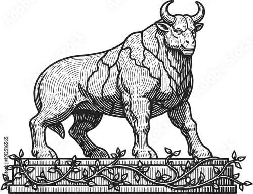 Powerful bull statue standing on a decorated pedestal with vines, vintage engraving illustration