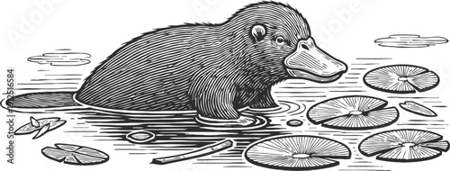 Vintage engraving of a platypus swimming among water lilies in a pond