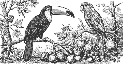 Vintage black and white illustration of toucan and parrot perched on tropical tree branches with fruit