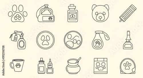 Collection of pet grooming and care icons in sketch style.