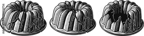 Three vintage bundt cakes illustrations with different fillings and textures, classic dessert designs