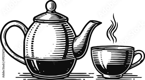 Classic teapot and steaming cup of tea illustration in vintage engraving