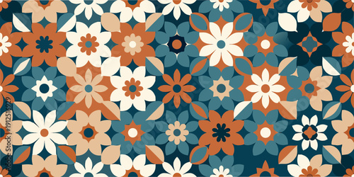 A seamless pattern of stylized floral shapes in muted orange and teal