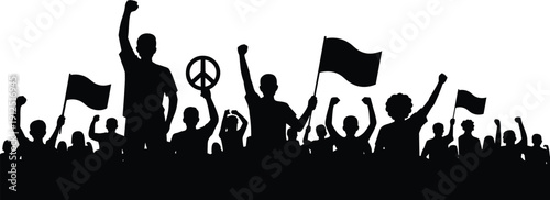 Silhouette of a protesting crowd holding flags and peace signs representing political activism social revolution public demonstration and freedom rally