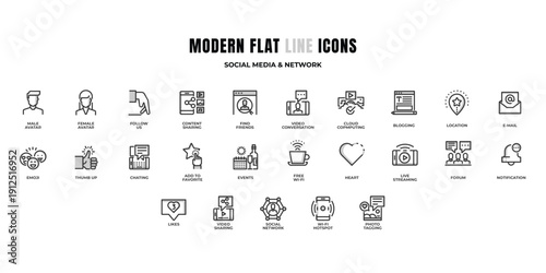 Modern flat line social media and network icons collection