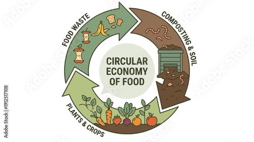 Circular economy of food infographic diagram. Food waste, composting and plant crop growth cycle. Sustainable agriculture concept.