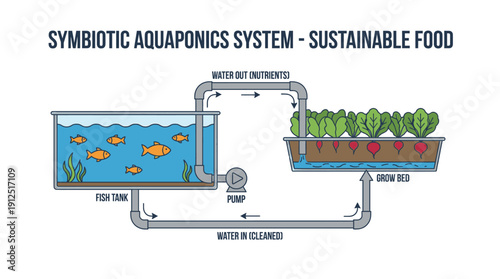 Symbiotic aquaponics system diagram. Sustainable food production with fish tank and hydroponic grow bed. Flat vector infographic.