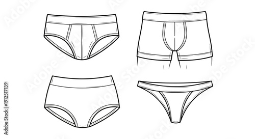 Set of four line art drawings of different types of underwear for men and women