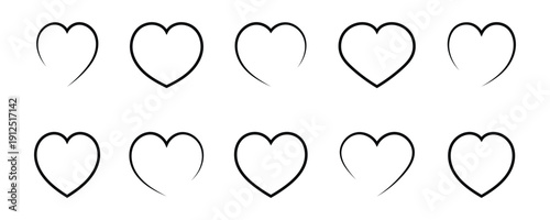Hand drawn heart doodle set, love symbol sketch collection, romantic valentine brush style heart shapes. This black heart  outline icons set isolated on white background. Vector illustration.