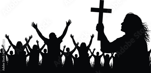 Silhouette of a woman holding a cross with a crowd of people raising hands in worship praise and religious celebration