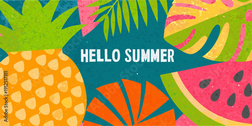 A vibrant summer illustration featuring tropical fruits and foliage