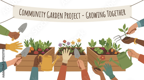 Diverse people hands gardening in wooden planter boxes. Community garden project growing together concept. Flat vector illustration.