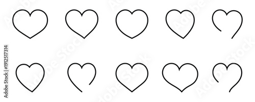 Hand drawn heart icons set. Collection of sketch style love symbols in black color. Heart shapes illustrating various artistic styles and emotions, ideal for creative projects and heartfelt messages.
