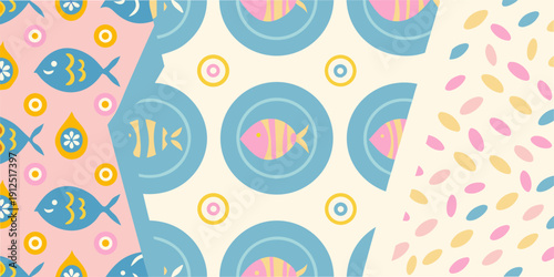 Playful pattern featuring stylized fish circles and floral elements