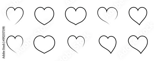 Hand drawn heart icons set. Collection of sketch style love symbols in black color. Heart shapes illustrating various artistic styles and emotions, ideal for creative projects and heartfelt messages.