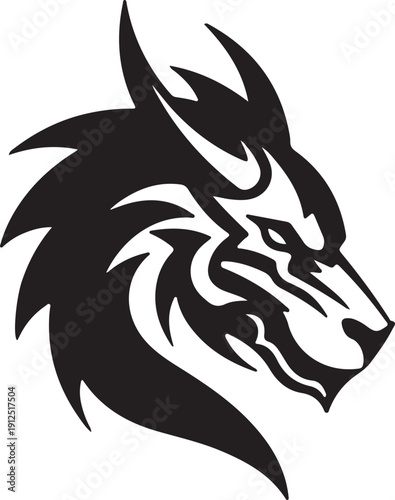 Print Tribal wolf head silhouette, aggressive and fierce, symbolizing power and wildness, perfect for logos and mascots.