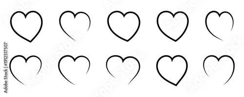 Set of black heart icons with various designs and styles  outline textured. Different hand drawn heart shapes ranging from simple outlines to textured and scribbled designs for valentine day. Eps10 