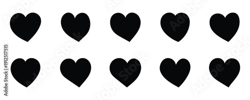 Variety of heart symbols in black with different textures and styles icon love. Black bold art isolated on white background for valentine day wedding love. Vector illustration. 