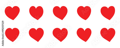 Red love heart vector icon set with romantic symbol collection. This heart icons collection for web and print use, editable vector graphics, flat and stroke style . Vector illustration. 