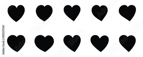 Variety of heart symbols in black with different textures and styles icon love. Black bold art isolated on white background for valentine day wedding love. Vector illustration. 