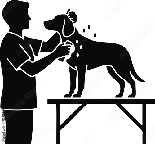 Man Bathing Dog on Grooming Table Silhouette Illustration