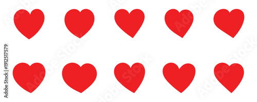 Red love heart vector icon set with romantic symbol collection. This heart icons collection for web and print use, editable vector graphics, flat and stroke style . Vector illustration. 