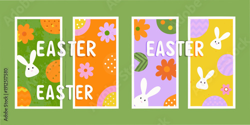 Colorful easter banners with rabbits flowers and citrus fruit designs
