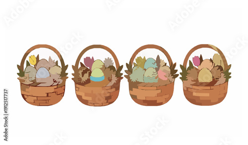 Cartoon Easter baskets with painted eggs and spring flowers isolated on white background