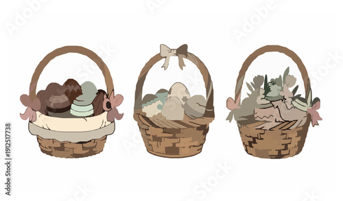 Easter gift basket vector set with chocolate eggs and spring flowers in cartoon style