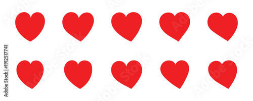 Red love heart vector icon set with romantic symbol collection. Various different hand drawn heart icon love collection isolated on white background. Romance and love illustrations. Vector . Eps10