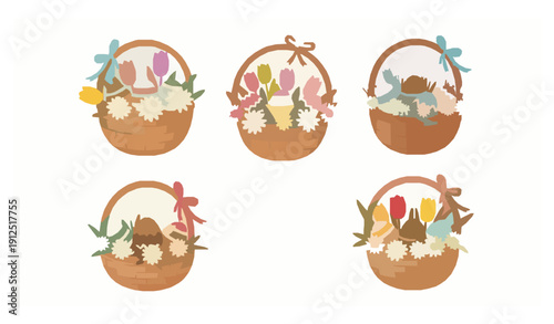 Cute Easter basket collection with painted eggs and spring flowers vector illustration