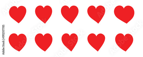 Red love heart vector icon set with romantic symbol collection. Various different hand drawn heart icon love collection isolated on white background. Romance and love illustrations. Vector . Eps10