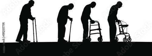 Silhouette of four elderly men showing the progression of aging and mobility using walking canes a walker and a rollator