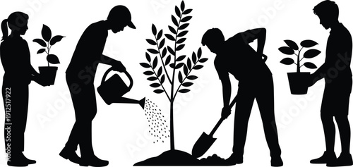 Silhouette of group of people planting young tree and watering potted plants together for environmental conservation and spring gardening concept