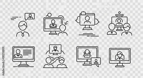 Online meeting icons set, video conference, remote work, teamwork, communication, technology