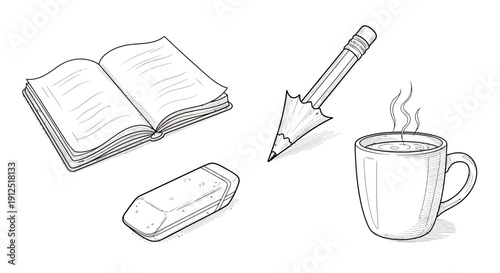 Open Book, Eraser, Pencil, and Hot Coffee Cup: Study and Work Essentials