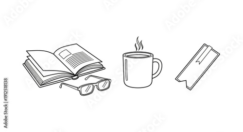 Open Book, Reading Glasses, and Steaming Coffee Mug - Cozy Reading Scene