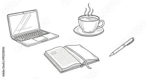 Open Notebook, Laptop, Hot Coffee Cup, and Pen on White Background - Business and Study Concept